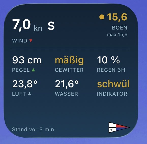 Das Revierinfo-Widget auf einem iPhone-Homescreen: Wind, Böen mit Ampel, Pegel, Gewitterlage, Temperaturen und Vereinsstander